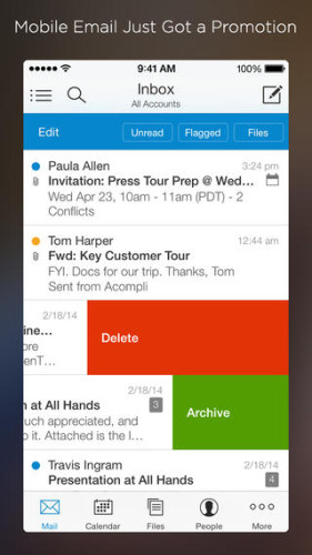 Swiping to delete email on Accompli for iOS