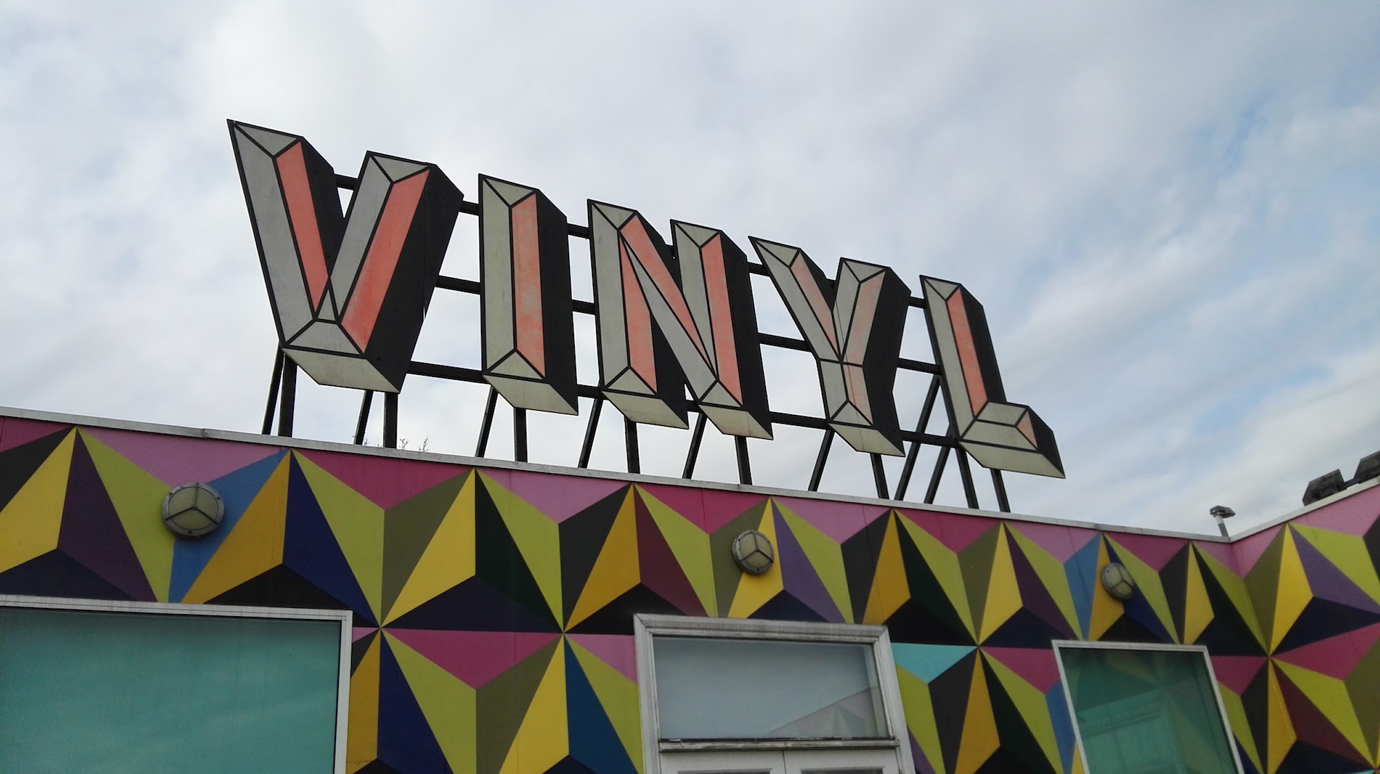 Vinyl signage on one of the buildings at the Old Vinyl Factory